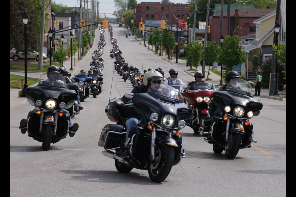 More than 650 motorcyclists travel up Colborne Street as part of the 14th annual Telus Ride for Dad event. Mehreen Shahid/OrilliaMatters