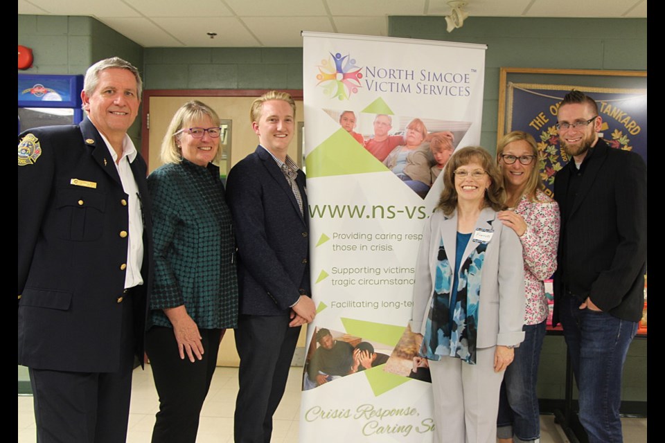 Senator Gwen Boniface was guest of honour at the North Simcoe Victim Services (NSVS) AGM and 20th Anniversary kick-off event, held yesterday at Bayside Restaurant in Orillia. Senator Boniface was OPP Commissioner during the formation of NSVS in 1999. She is shown here with members of the current NSVS Board of Directors. From left: Dave Baker, Gwen Boniface, Kyle MacCallum, executive director Frances Yarbrough, Heather Harmer, and Joshua Barath.