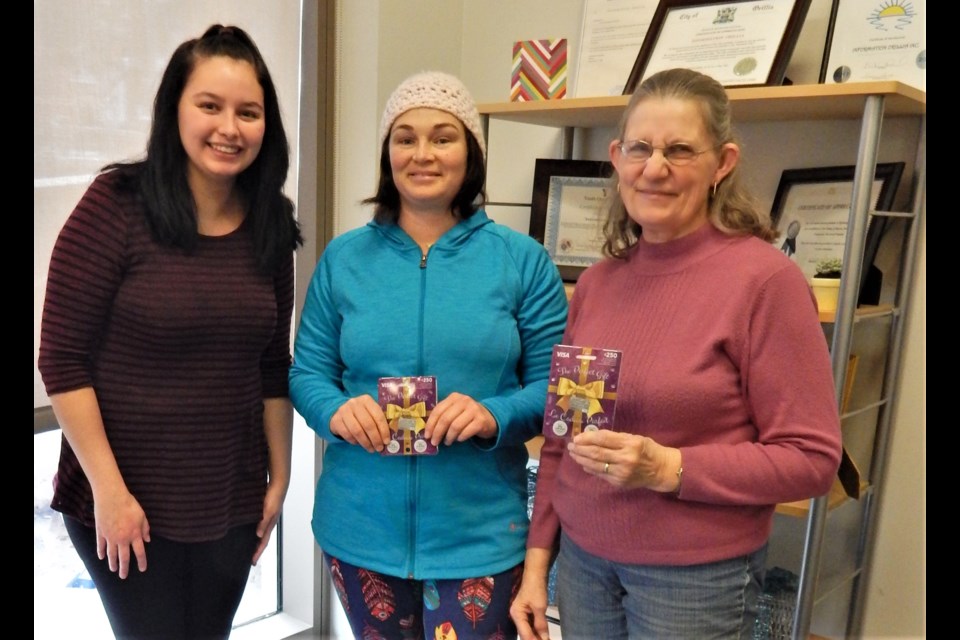 Nicolette Hawco, operations manager Information Orillia, presented Thursday $250 Visa pre-paid cards to Jackie Duffy, of Coldwater, and Fran Ricetto, of Ramara. Eight winners were randomly selected from among the several hundred who entered the draw, using a ballot they received after filling out the Canadian Index of Wellbeing survey, part of the Orillia and Area CIW 2018 project.                