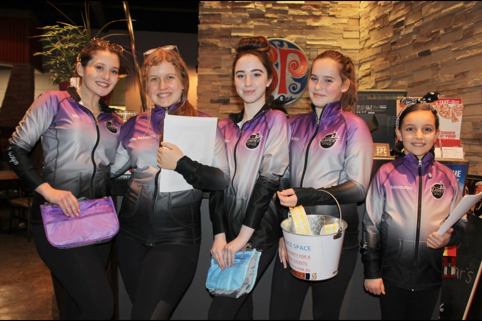 These dancers were ready to greet customers Monday night at Boston Pizza in Orillia during a fundraiser for The Dance Space. From left are Mia Smit, Bella Francis, Piper Hill, Abby Dunlevy and Belladonna Defranco. Nathan Taylor/OrilliaMatters