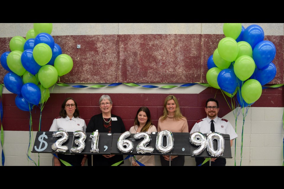 It was announced Sunday that the 2022 Salvation Army Christmas Kettle Campaign raised $231,620.90, exceeding its $175,000 goal. From left: Salvation Army Captain Tina Howard, Christina Distefano (Kettle Campaign coordinator), Michelle Surgenor (Kettle Campaign assistant coordinator), Simcoe North MPP Jill Dunlop, and Salvation Army Captain Josh Howard. 