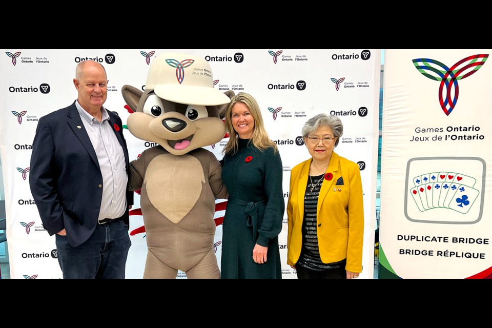 From left, Orillia Mayor Don McIsaac; Pachi, head cheerleader for Games Ontario; Simcoe North MPP Jill Dunlop; and Daisy Wai, Parliamentary Assistant to the Minister for Seniors and Accessibility, launched the 100-day countdown to the Orillia 2024 Ontario 55+ Winter Games at a special celebration at Rotary Place Monday morning. The Orillia 2024 Ontario 55+ Winter Games take place from Feb. 6 to 8, 2024 in Orillia and area.
