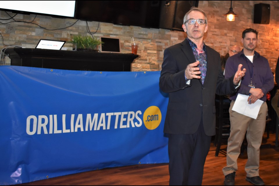 Simcoe North MP Bruce Stanton provided remarks at Monday’s launch party of Orillia Matters. More than 75 people jammed into Studabakers for the open house and to meet the team behind the city’s new digital news site.