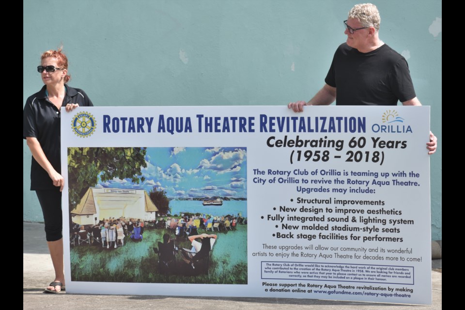 The Rotary Club of Orillia has been working with the city on a plan to rejuvenate the Rotary Aqua Theatre. On Saturday, the new vision was announced. Above, Jacqueline Soczka, the city’s manager of culture, and Orillia Mayor Steve Clarke unveil the key components of the plan. Dave Dawson/OrilliaMatters