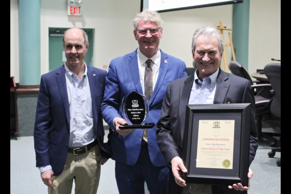 Earlier this year, the Citizen of the Year award for 2019 was presented to Stan Mathewson, right, who was joined during the presentation by Michael Gordon, left, Orillia's 2018 Citizen of the Year, and Mayor Steve Clarke. Nominations are now open for this year's Citizen of the Year. Nathan Taylor/OrilliaMatters File Photo