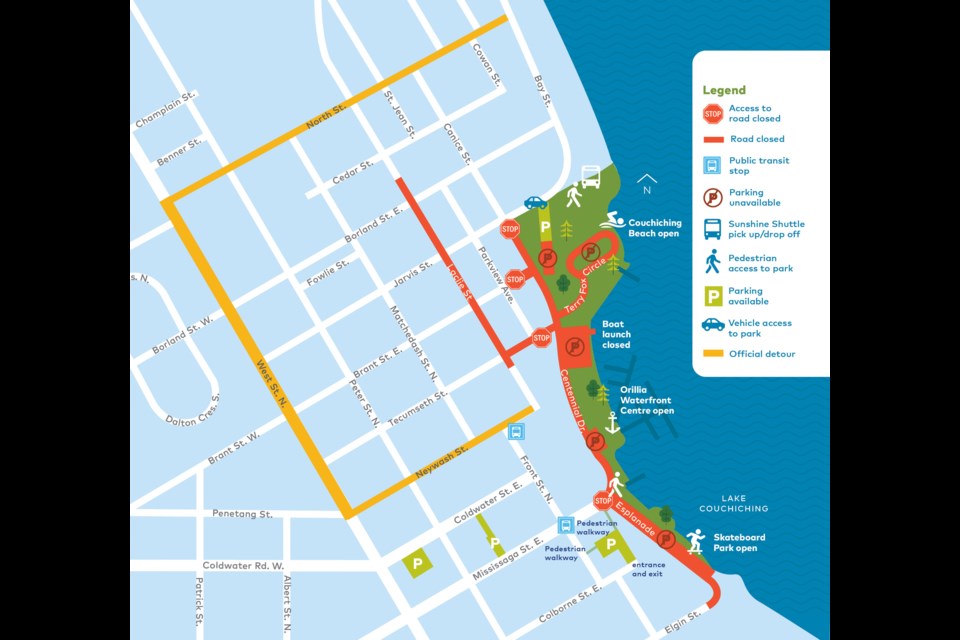 This map shows the detour route that will be in place to access Couchiching Beach Park.