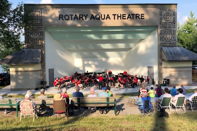 The Orillia Concert Band is shwon performing at the newly refurbished Aqua Theatre during the summer of 2022. The city's Sunday Evening Band Concert Series has been cancelled this summer due to construction at the waterfront.