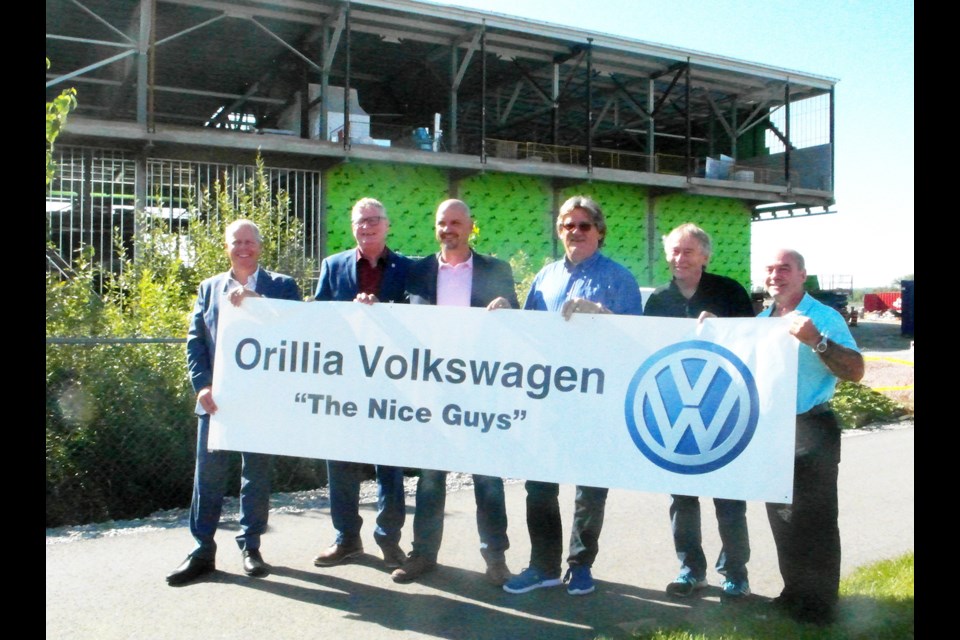 Orillia Volkswagen made a $50,000 donation to the Orillia Recreation Centre project Friday for naming rights to the WiFi at the West Street complex, which is set to open in 2019. Pictured, from left: Chris Leavens (Orillia Volkswagen), Mayor Steve Clarke, Colin Koprowski (Orillia Volkswagen), Mike Davenport (Orillia Recreation Centre Fundraising Committee), Wes Trinier (Orillia Recreation Centre Fundraising Committee) and Paul Valle (Orillia Recreation Centre Fundraising Committee). Submitted photo