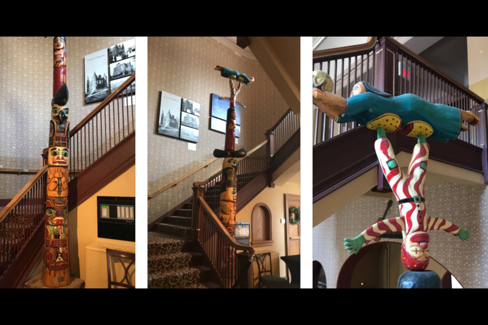 This two-storey totem pole in the Orillia Opera House was removed after the city received a complaint about it. The totem was created by local artists Jimi McKee and Wayne Hill.