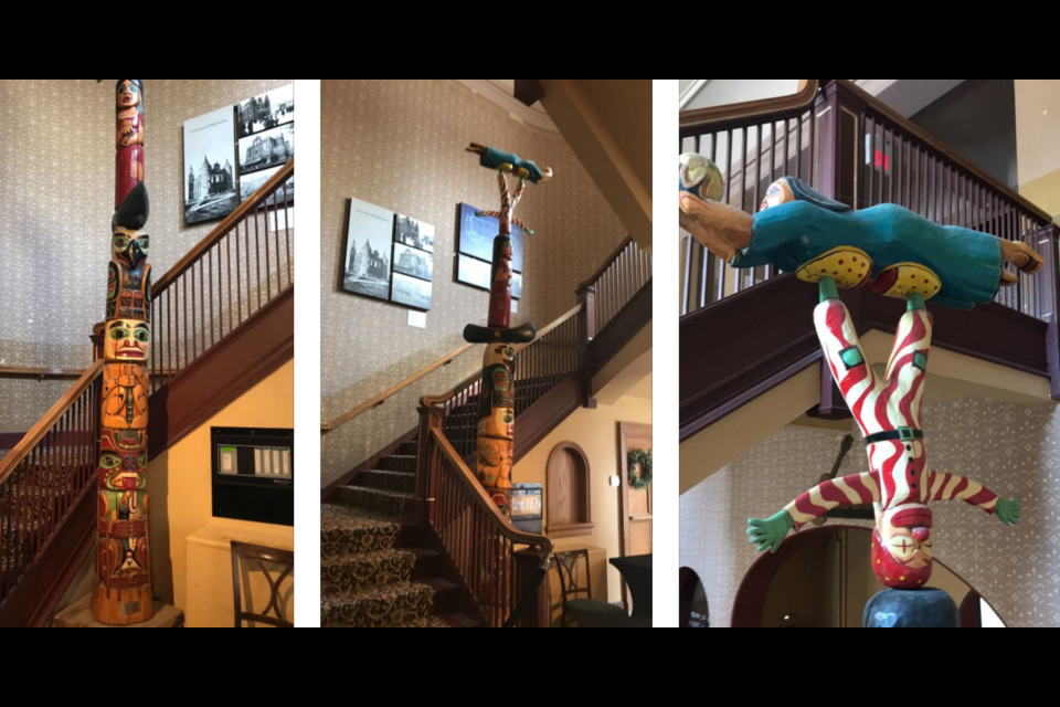 This two-storey totem pole in the Orillia Opera House will be removed after the city received a complaint about it. It's not clear what the future holds for the totem created by local artists Jimi McKee and Wayne Hill.