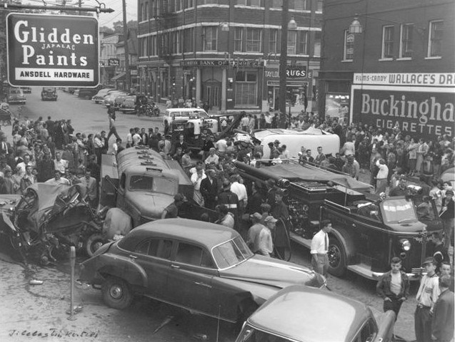 On June 4, 1953 a Shell Oil truck's brakes failed as it drove down West Street, smashing into cars and wreaking havoc in the downtown.