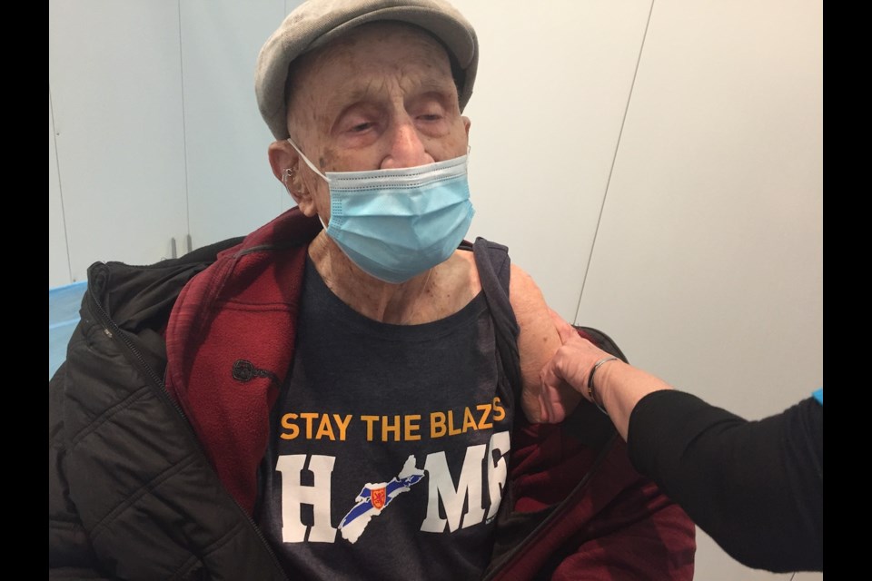 Jim Wood, a 104-year-old Orillia man, received his COVID-19 vaccination at Rotary Place this week.