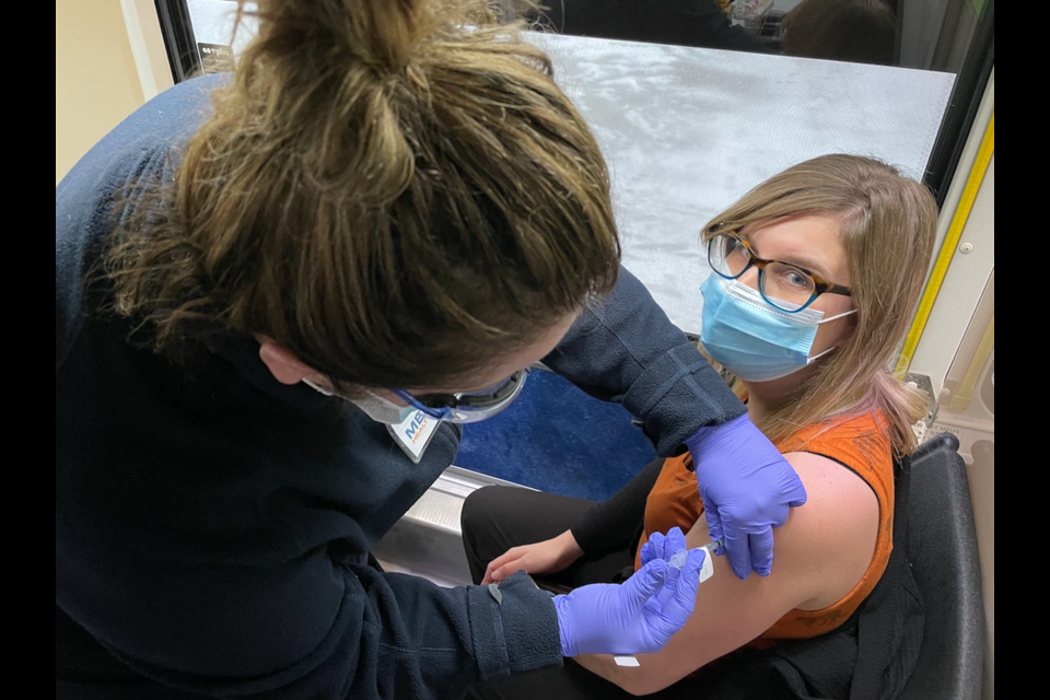 Lauren Tanner received her booster shot today at the Ontario GO-VAXX mobile vaccination clinic set up at the Orillia Waterfront Centre.
