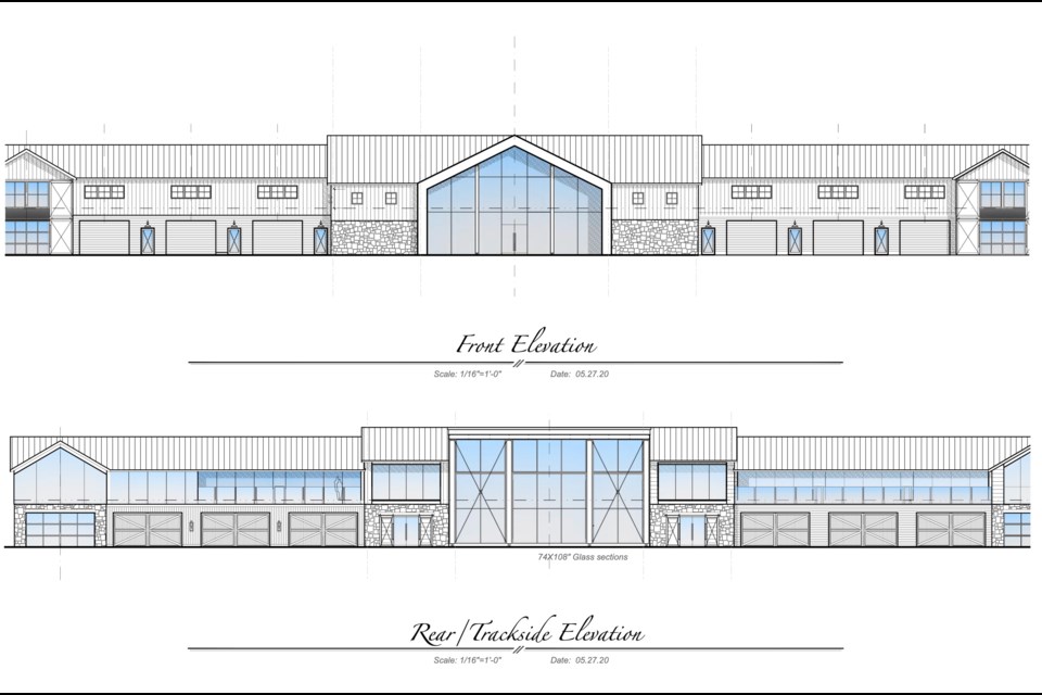 A drawing showing the elevation of buildings at the Oro Station Automotive Innovation Park.