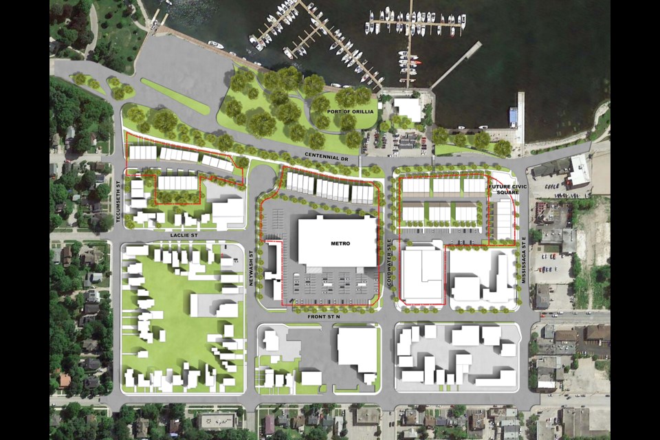 This image shows FRAM Building Group's plans for the redevelopment of Orillia's waterfront.