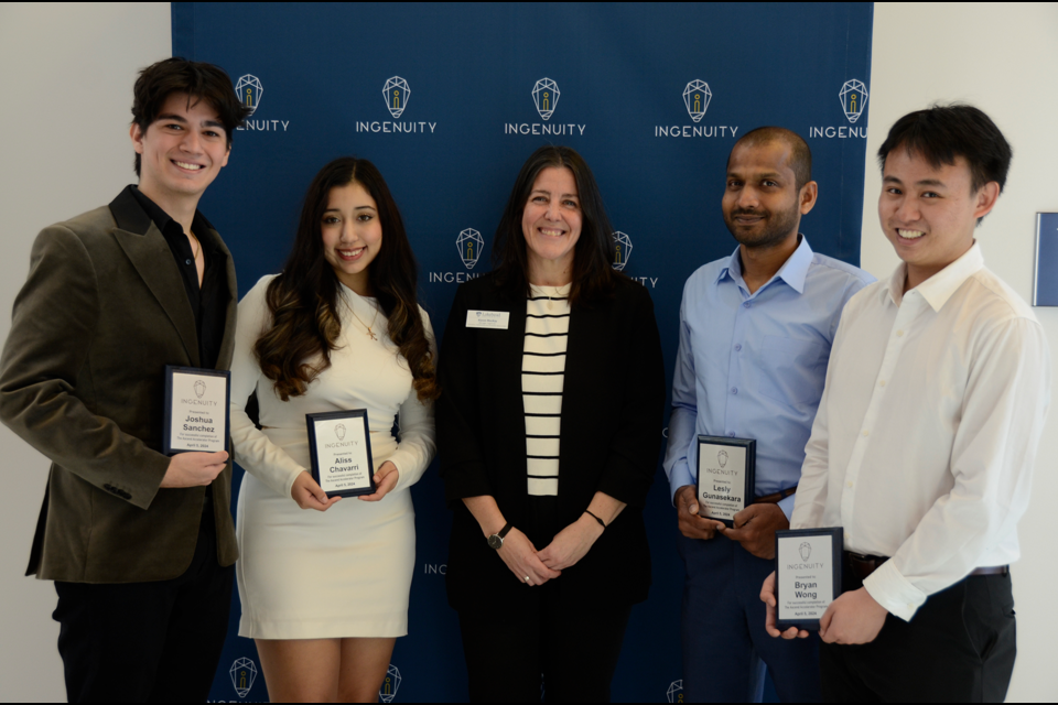 Ingenuity manager Alyson MacKay, centre, is shown with Ascend Accelerator graduates, from left, Joshua Sanchez, Aliss Chavarri, Lesly Gunasekara and Bryan Wong.