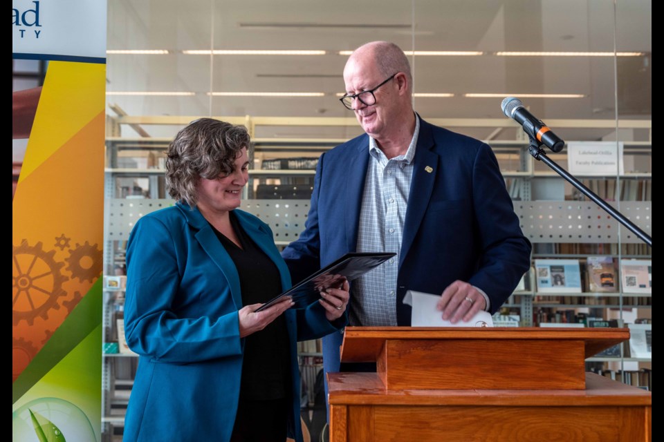 Orillia Mayor Don McIsaac presented Linda Rodenburg, the interim principal of the Lakehead University Orillia campus, with a proclamation officially marking Research and Innovation Week at the campus on Tuesday morning.  