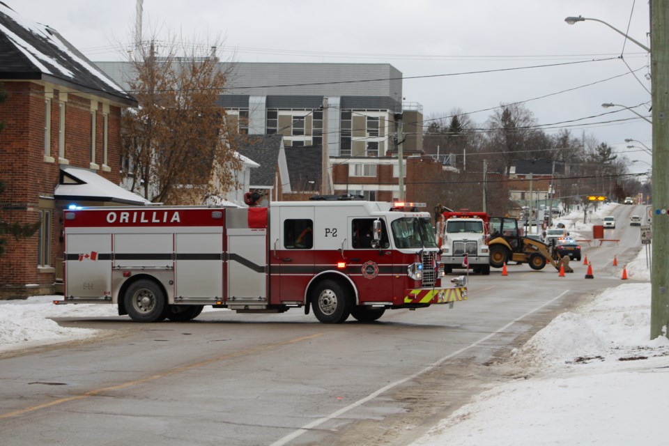 Looking west on Mississaga Street, from Albert Street, Tuesday afternoon. This is one of the areas closed off due to a gas leak. Nathan Taylor/OrilliaMatters