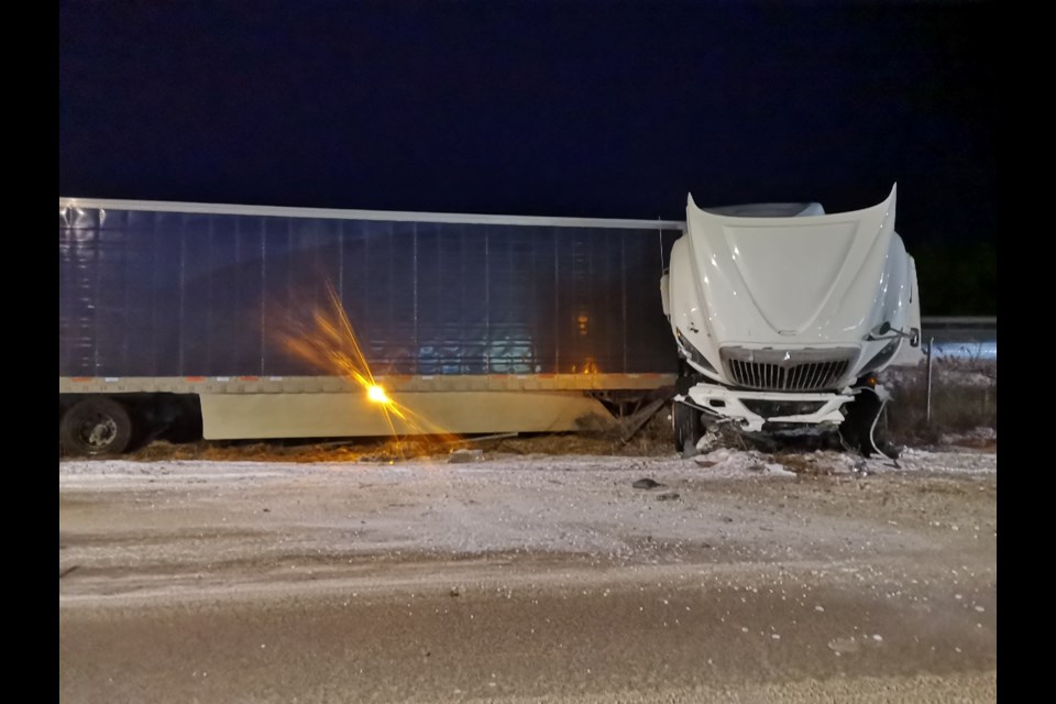 A transport truck crashed on Highway 11 North in Orillia on Wednesday. Jim Wenger/Supplied photo