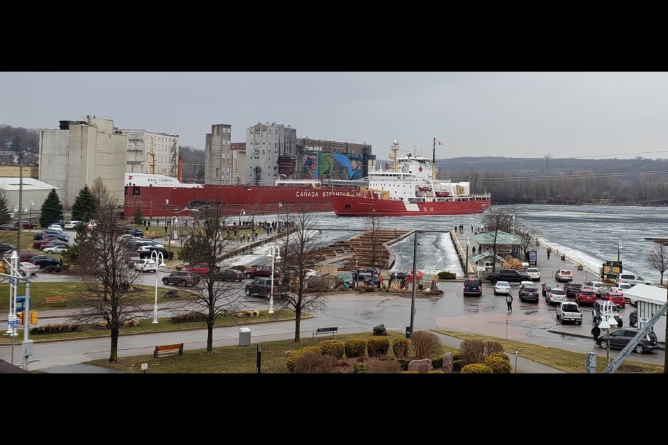 The Pierre Radisson icebreaker has arrived in Midland Harbour in an effort to free up water so the Baie Comeau can finally leave the dock. Bill Dykstra photo