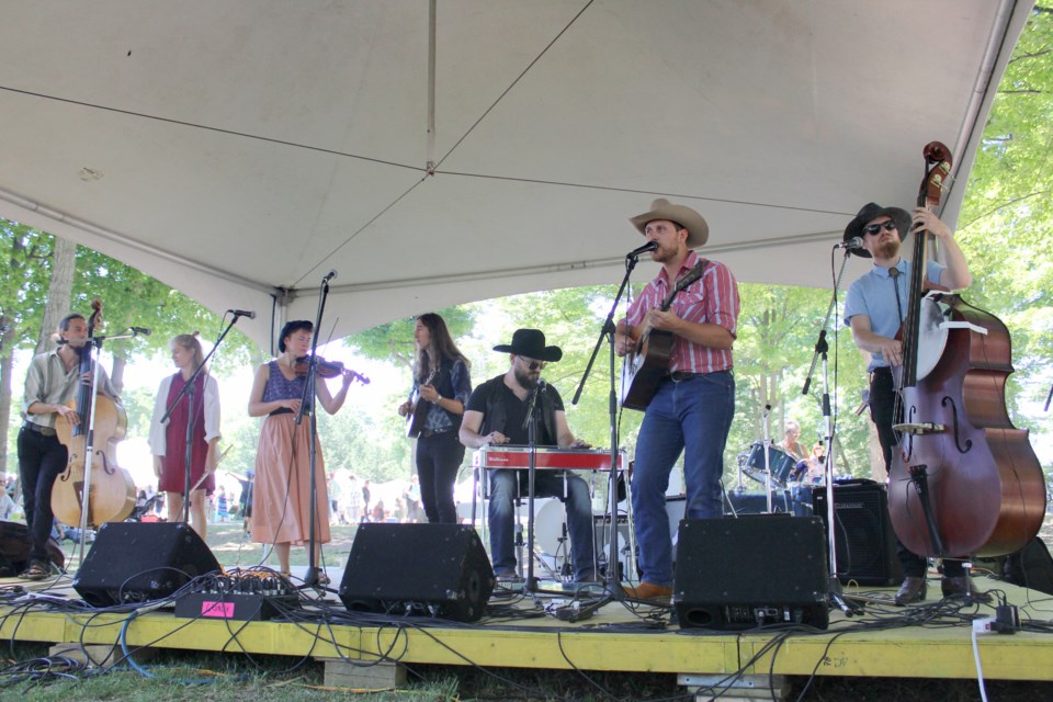 Swedish folk band Fränder joined Orillia's Zachary Lucky and his band on the Barnfield stage Saturday at the Mariposa Folk Festival during the "New Friends Sing New Songs" workshop. Nathan Taylor/OrilliaMatters