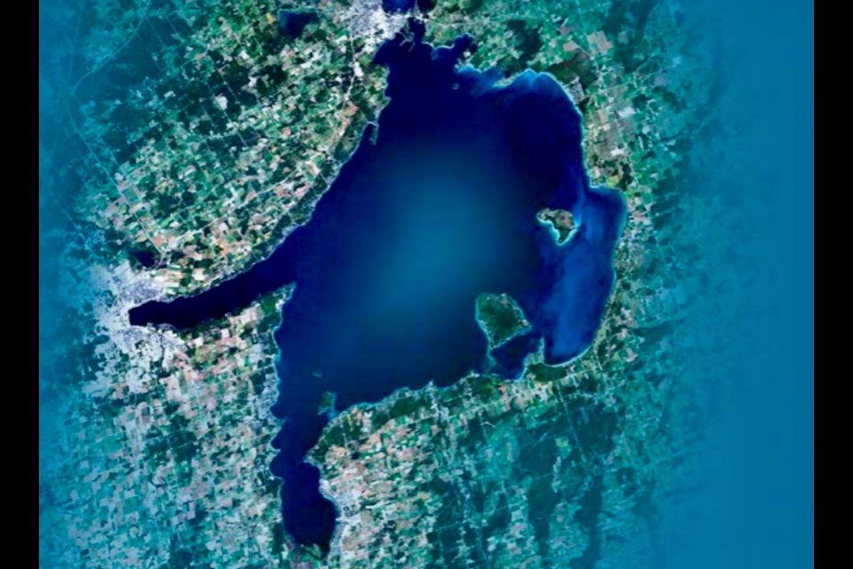 A satellite view of Lake Simcoe.