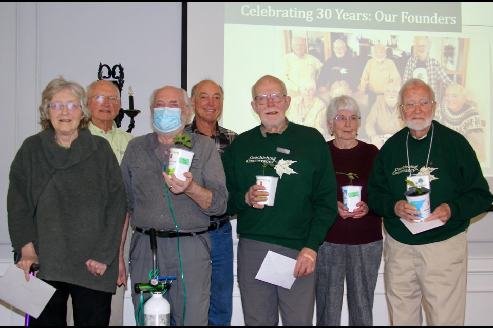 The founders of the Couchiching Conservancy received a standing ovation at a recent 30th anniversary event at Hawk Ridge. Founders include, from left, Janet Grand, Adam Thomson, Ron Reid, Si Lowry, Peter Gill, Shirley Thomson and Ken Thomson. Founder Gord Ball was absent.