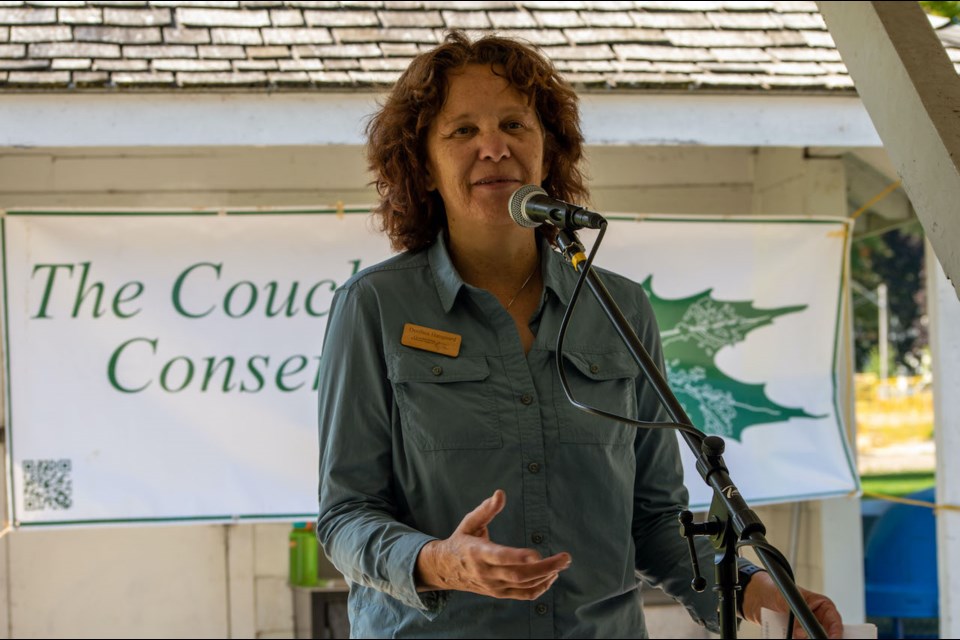 Couchiching Conservancy executive director Dorthea Hangaard speaks Saturday at Couchiching Beach Park during an event to celebrate volunteers and an Ontario Trillium Foundation grant.