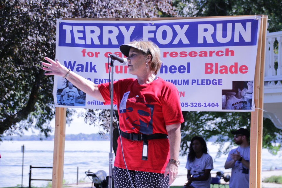 Gini Stringer, Orillia business owner and cancer survivor, thanked everyone for coming out and sending money toward research, which has helped come up with treatments. Mehreen Shahid/OrilliaMatters