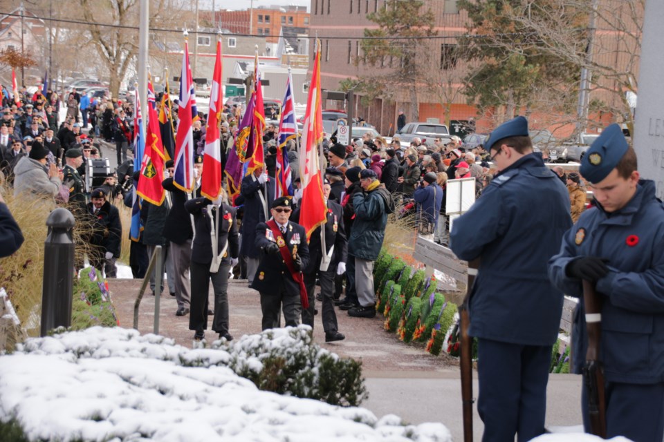 The Royal Canadian Legion, Branch 34, colour party walks up to the cenotaph at the start of Sunday's Orillia Remembrance Day service at the hospital. Mehreen Shahid/OrilliaMatters