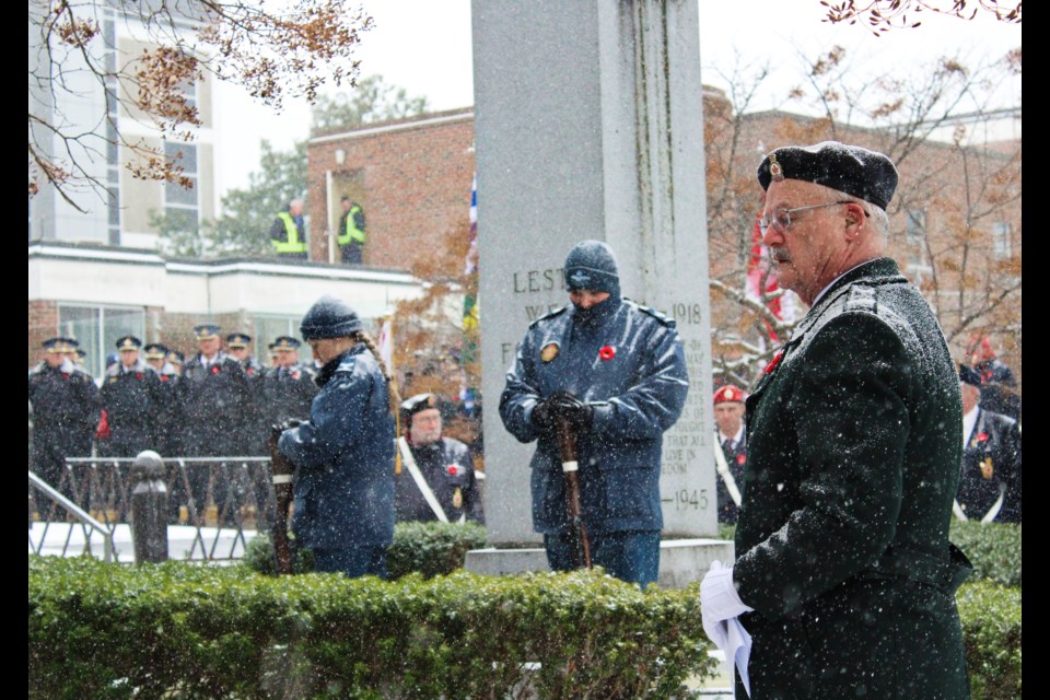 Rick Purcell, first vice-president of Branch 34 of the Royal Canadian Legion, is shown Monday during the Remembrance Day ceremony in Orillia. Nathan Taylor/OrilliaMatters