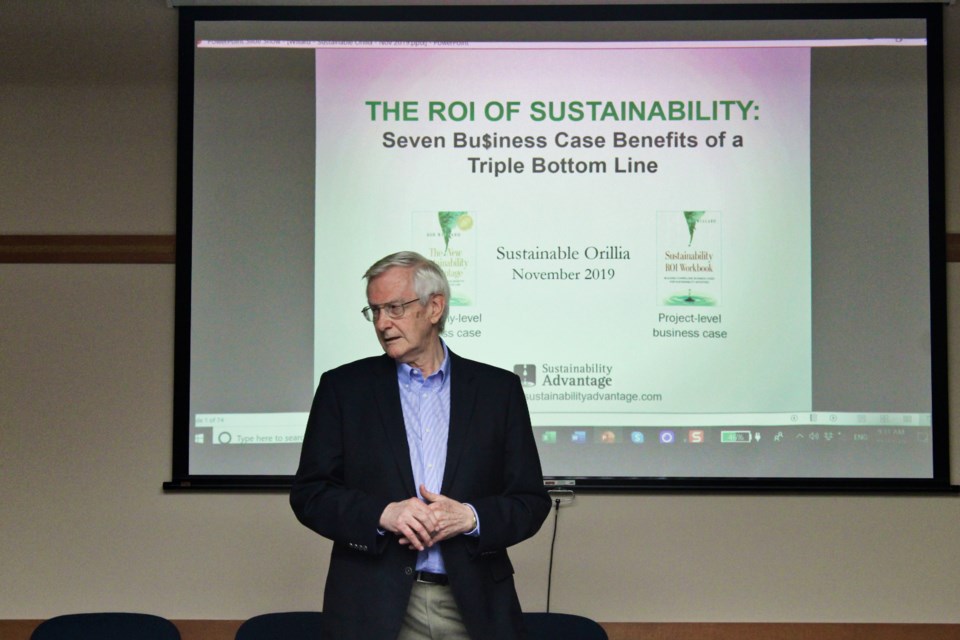 Bob Willard, founder of Sustainability Advantage, speaks Thursday during an event at the Orillia City Centre. Nathan Taylor/OrilliaMatters