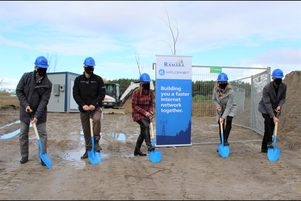 A groundbreaking ceremony took place Friday at the Ramara works yard on Highway 12, where Xplornet is building a new wireless-internet tower. From left are Ramara CAO John Pinsent, Justen Wilson, vice-president of Integrated Solutions, Cathy MacDonald, Xplornet's chief operating officer, Simcoe North MPP Jill Dunlop and Ramara Mayor Basil Clarke. Nathan Taylor/OrilliaMatters