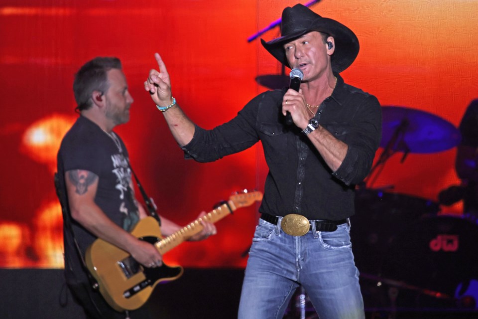 Tim McGraw headlines at the Boots and Hearts Music Festival on Sunday night at Burl's Creek Event Grounds in Oro-Medonte.