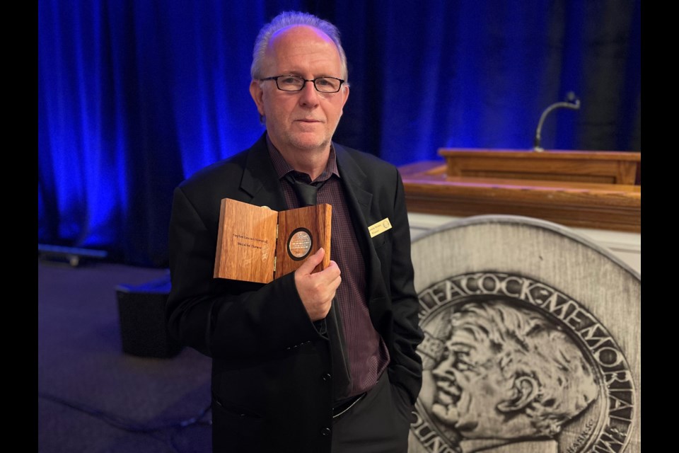 Wayne Johnston was awarded the Stephen Leacock Memorial Medal for Humour on Saturday night at a gala at the Hawk Ridge Golf Club. 