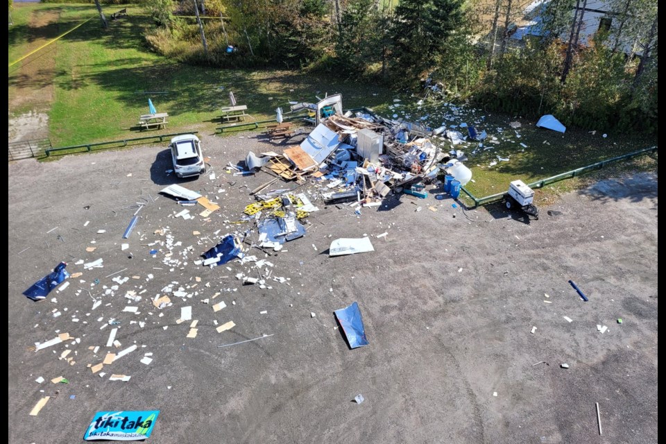 An aerial view shows the extent of devastation left in the wake of a refreshment vehicle explosion Sunday morning in Gravenhurst.