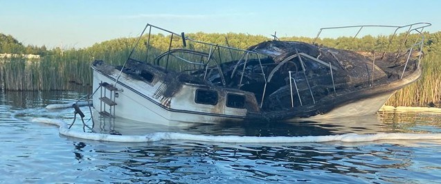 This boat was destroyed by fire late Saturday afternoon at The Narrows when fire erupted shortly after it was refueled at Bridge Port Marina. Contributed photo