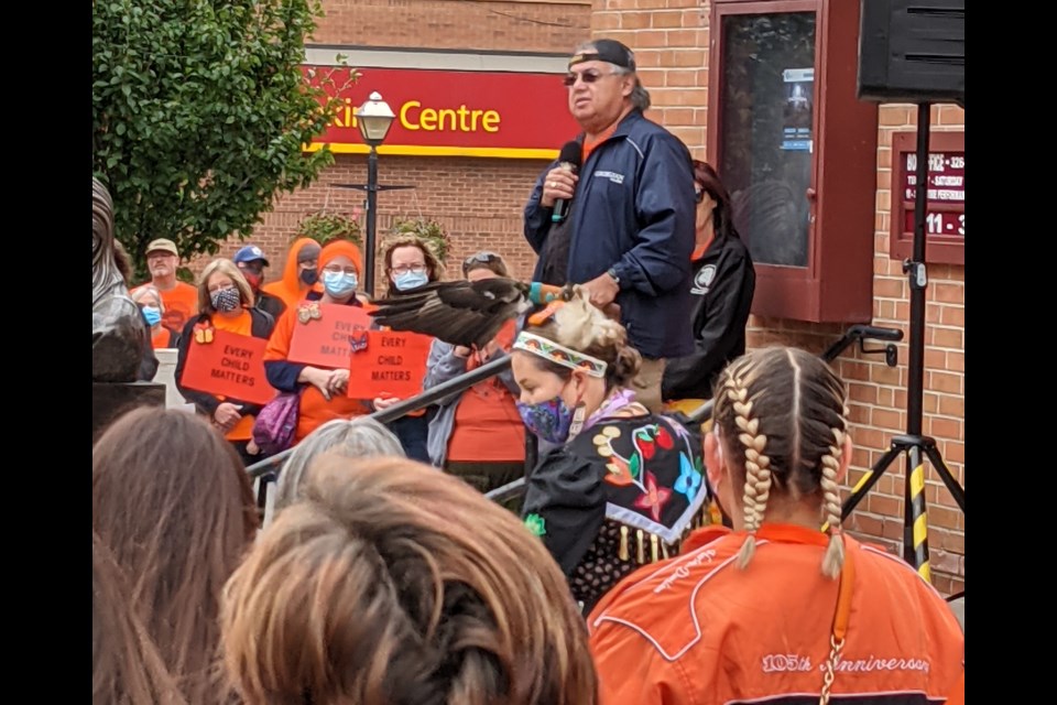 Local elder Jeff Monague addresses those who gathered at the Orillia Opera House to mark the first National Day for Truth and Reconciliation in 2021.