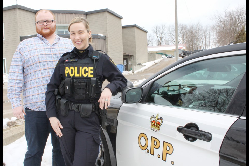 Orillia OPP Const. Julie Doucette is pictured with Matt Cooper, a crisis worker with the Canadian Mental Health Association. Nathan Taylor/OrilliaMatters