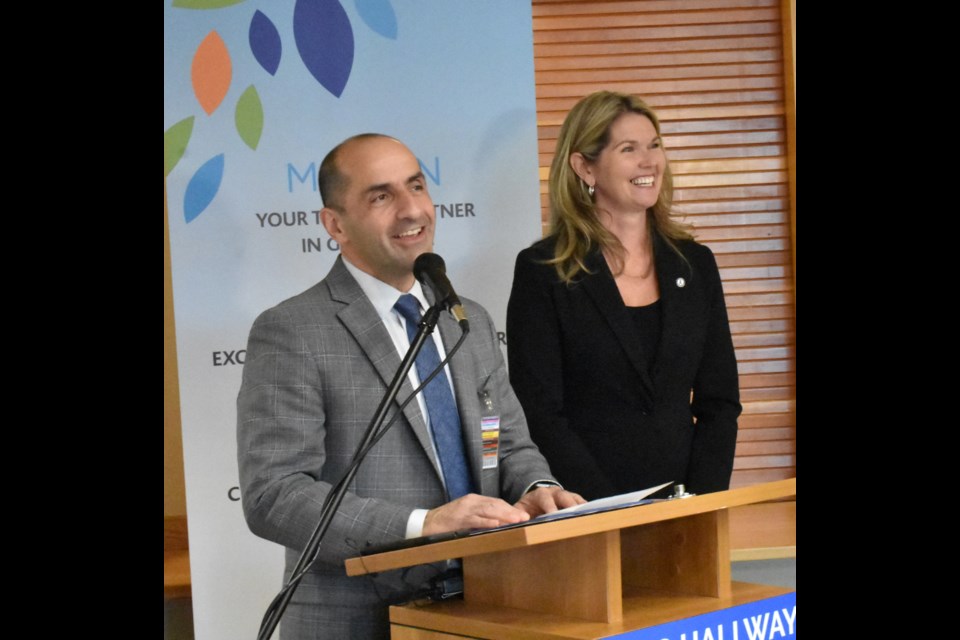 Orillia Soldiers' Memorial Hospital CEO Carmine Stumpo and Simcoe North MPP Jill Dunlop are all smiles after it was announced the province would be providing $1.81 million in additional funding to the Orillia hospital this year. Dave Dawson/OrilliaMatters