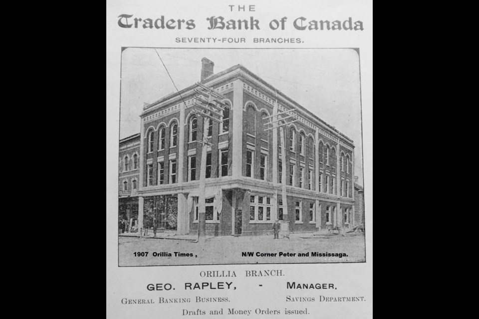 The Traders Bank opened in the 1880s at 72-74 Mississaga St. E., on the northwest corner of the intersection with Peter Street, in downtown Orillia. This picture is from 1911.