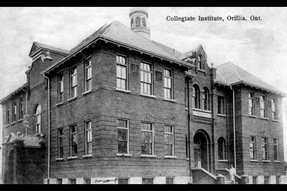 Orillia Collegiate Institute was constructed in 1899 at the corner of West and Borland streets. The school boasted 10 classrooms and an assembly hall. A gym was housed in a barn-like building behind the school.