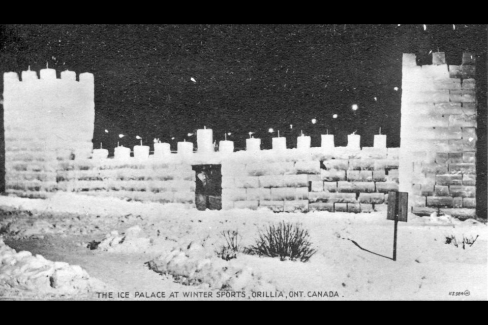 The Ice Palace, with its coloured lights and flags, was built on a vacant lot where the Champlain Hotel now stands.
