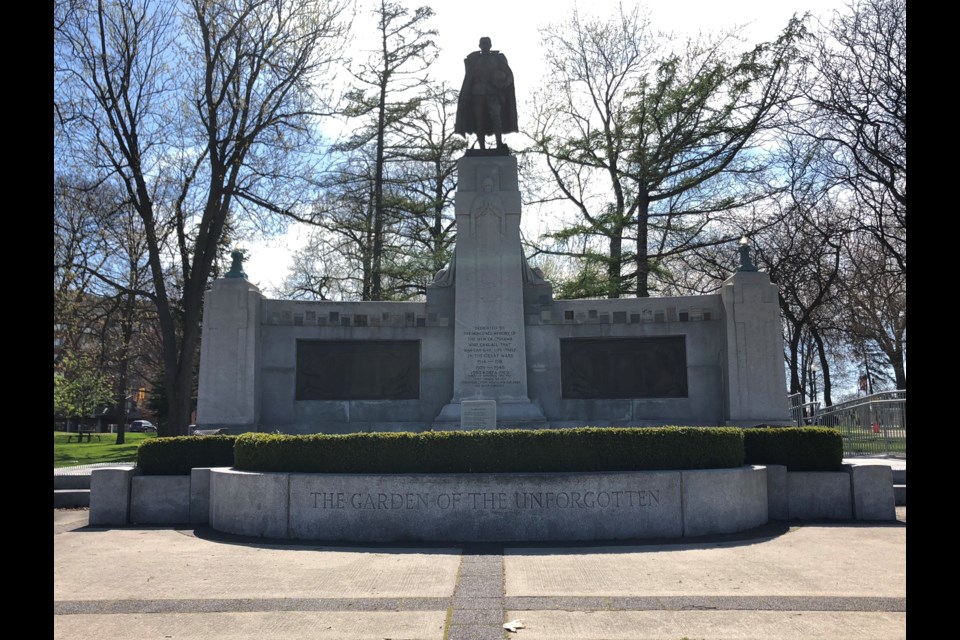 Designed by Alfred Howell, a soldier stands atop this memorial named ‘The Garden of the Unforgotten’ located in Oshawa.