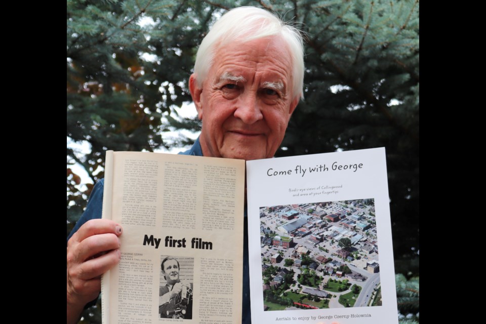 The author is shown holding his 50-year-old Canadian Photography Magazine at the page where his story about the 1971 fly-in at Lake St. John starts, and his latest book about Collingwood.