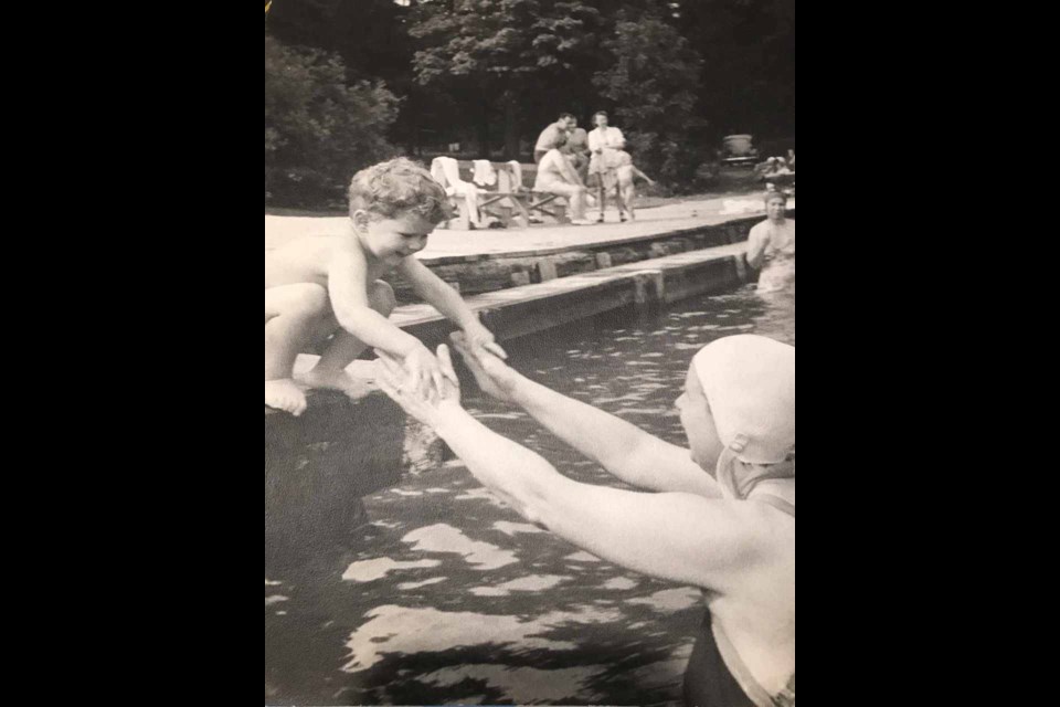 A three-year-old Gord Ball swimming with his mother at Geneva Park about 70 years ago.  Ball has had a life-long love of the facility, which he and others are hoping to preserve from sale.