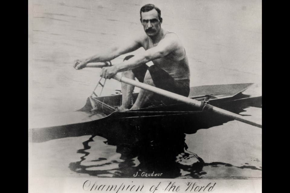 Orillia rower Jacob Gill 'Jake' Gaudaur Sr. was a veteran rower of 100 races. In 1892, on Lake Couchiching, he and F. Hosmer won the doubles scull championship of the world. In 1896, at the age of 38, he won the world’s singles sculling championship. From the Orillia Museum of Art & History Collection