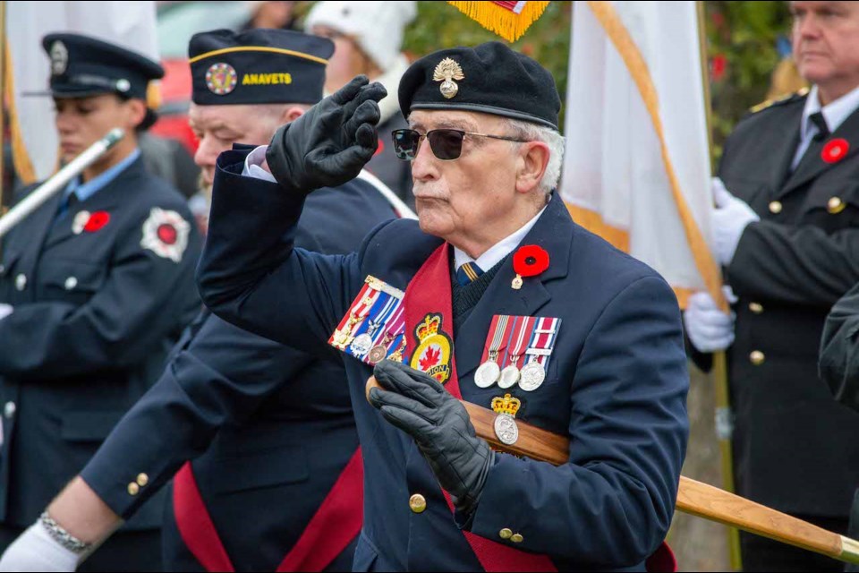 Gerald Henry, a British Army veteran from 1956, led the Royal Canadian Legion's Orillia Branch 34 colour party during Wednesday's Indigenous Veterans Day ceremony in Rama. 