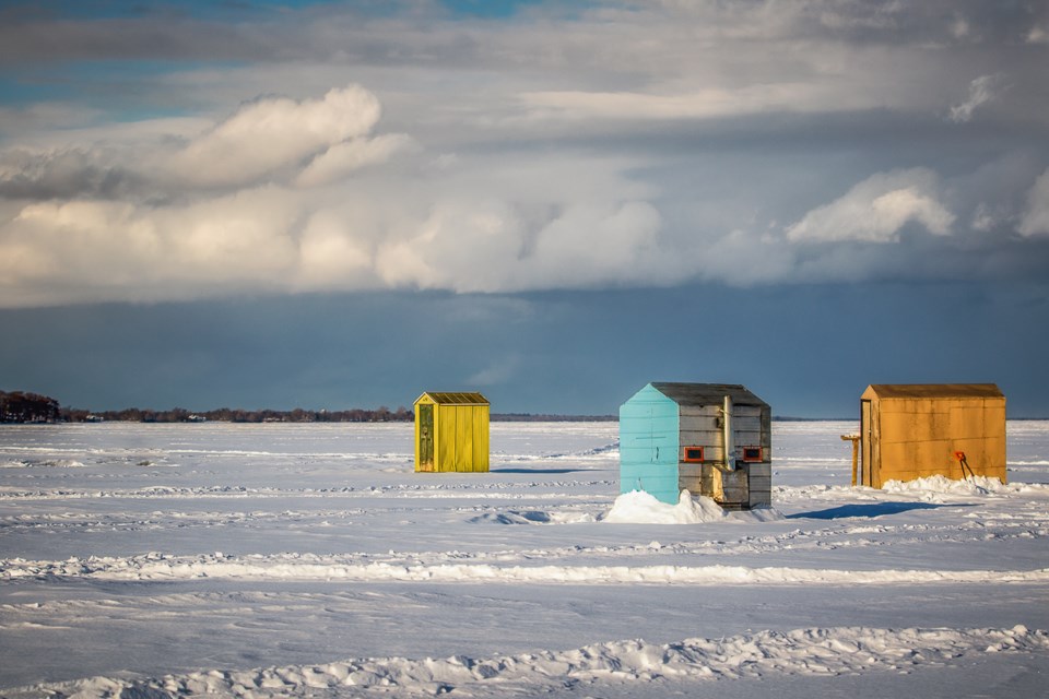 Colourful ice huts dot the local landscape every time the ice freezes in Orillia. Deb Halbot for OrilliaMatters