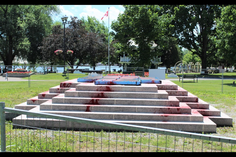 The base of the Champlain Monument has been vandalized. Nathan Taylor/OrilliaMatters
